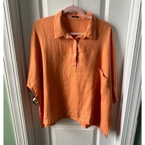Vivid Womens Top Orange 100% Linen Boxy Short Sleeve Lagenlook Relaxed Size XL